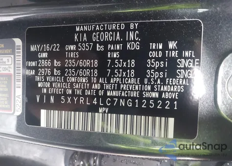 2022 Kia Sorento S из США, поврежденный, VIN 5XYRL4LC7NG125221